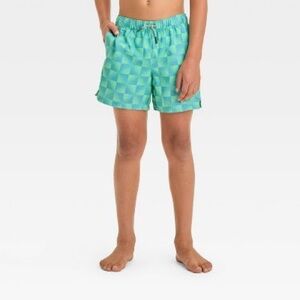 Art Class Green Checkered Kids Swim Trunks